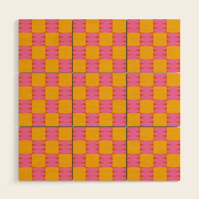Retro Pink and Yellow Checkerboard Shapes Wood Wall Art Gallery Image 1