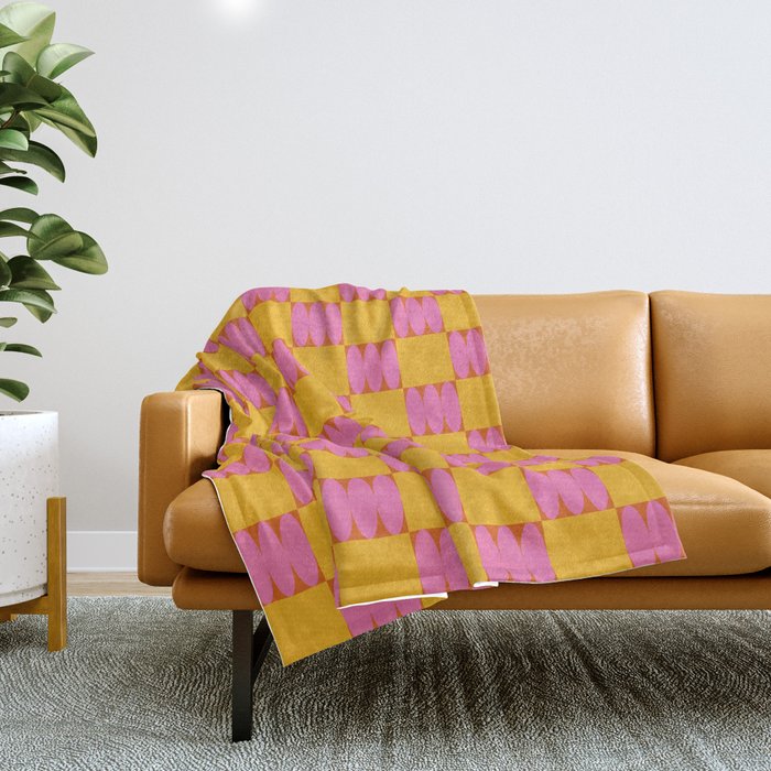 Retro Pink and Yellow Checkerboard Shapes Throw Blanket Gallery Image 1