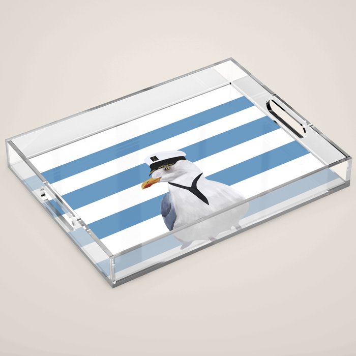 Captain Seagull on blue stripes Acrylic Tray Gallery Image 1