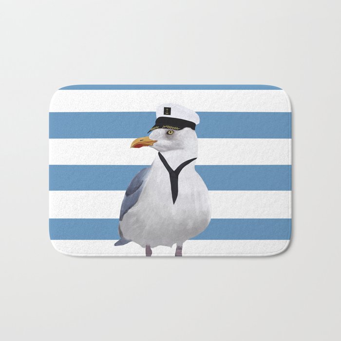 Captain Seagull on blue stripes Bath Mat Gallery Image 1