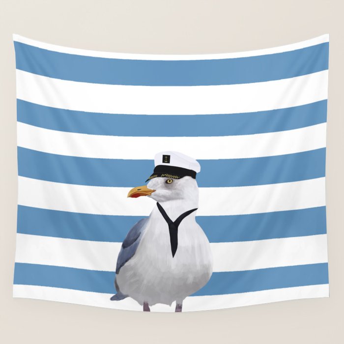 Captain Seagull on blue stripes Wall Tapestry Gallery Image 4