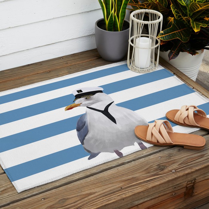 Captain Seagull on blue stripes Outdoor Rug Gallery Image 2