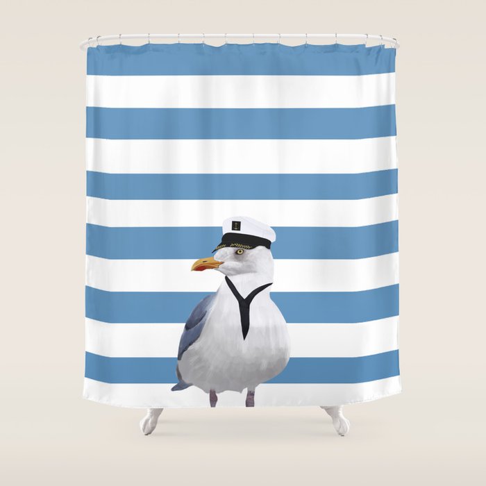 Captain Seagull on blue stripes Shower Curtain Gallery Image 1