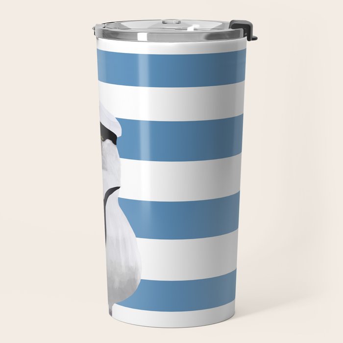 Captain Seagull on blue stripes Travel Mug Gallery Image 2