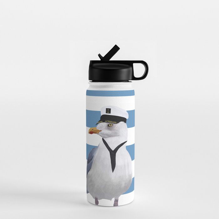 Captain Seagull on blue stripes Water Bottle