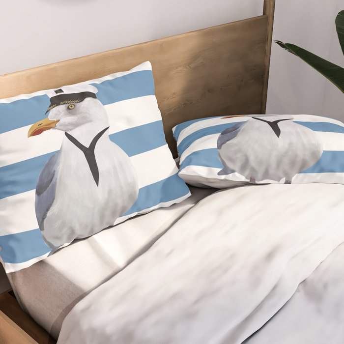 Captain Seagull on blue stripes Pillow Sham Gallery Image 2