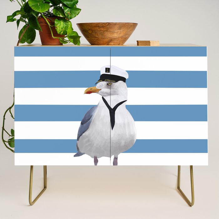 Captain Seagull on blue stripes Credenza Gallery Image 1