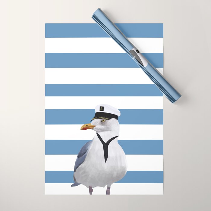 Captain Seagull on blue stripes Wrapping Paper Gallery Image 1