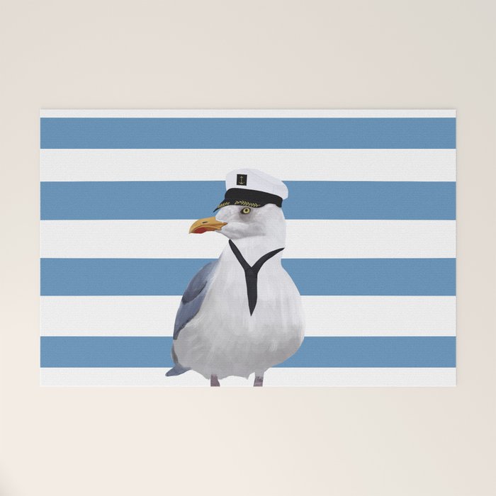 Captain Seagull on blue stripes Welcome Mat