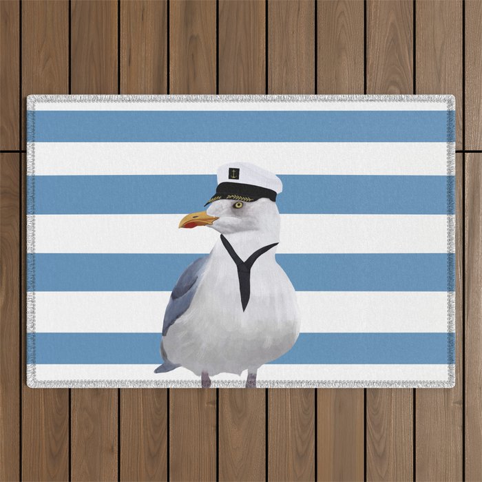 Captain Seagull on blue stripes Outdoor Rug Gallery Image 1