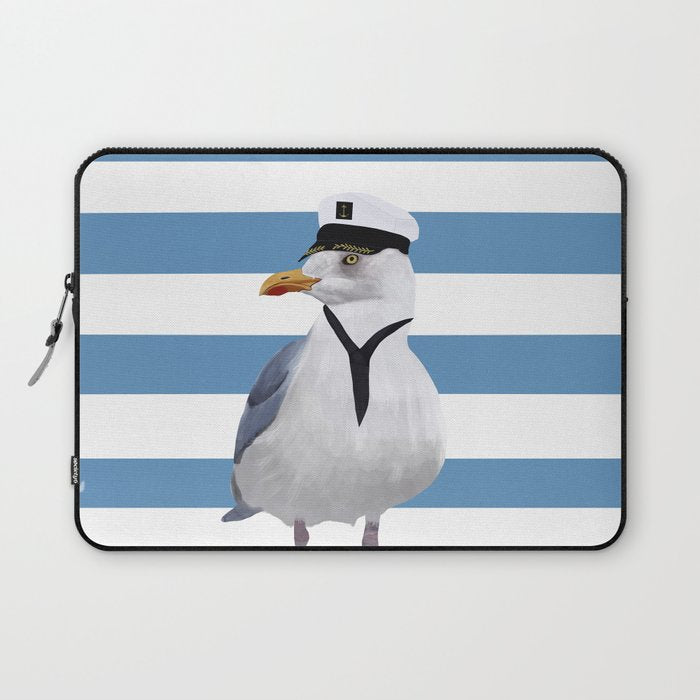 Captain Seagull on blue stripes Laptop Sleeve Gallery Image 1