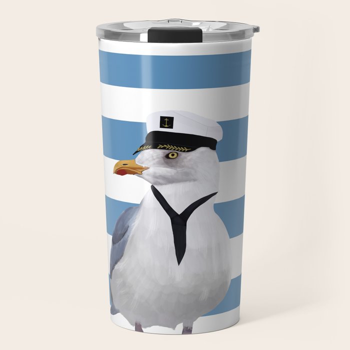 Captain Seagull on blue stripes Travel Mug Gallery Image 1