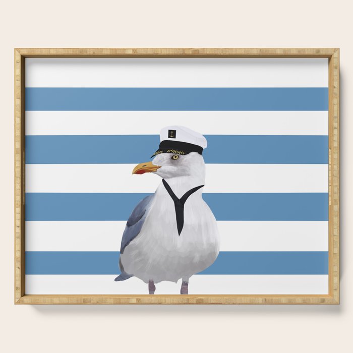 Captain Seagull on blue stripes Serving Tray Gallery Image 1