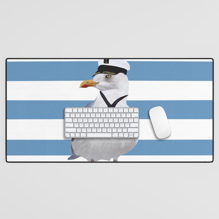 Captain Seagull on blue stripes Desk Mat Gallery Image 1