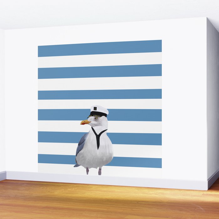 Captain Seagull on blue stripes Wall Mural Gallery Image 2