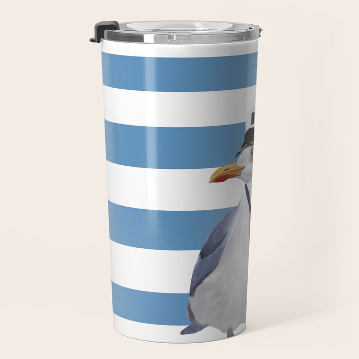 Captain Seagull on blue stripes Travel Mug Gallery Image 3