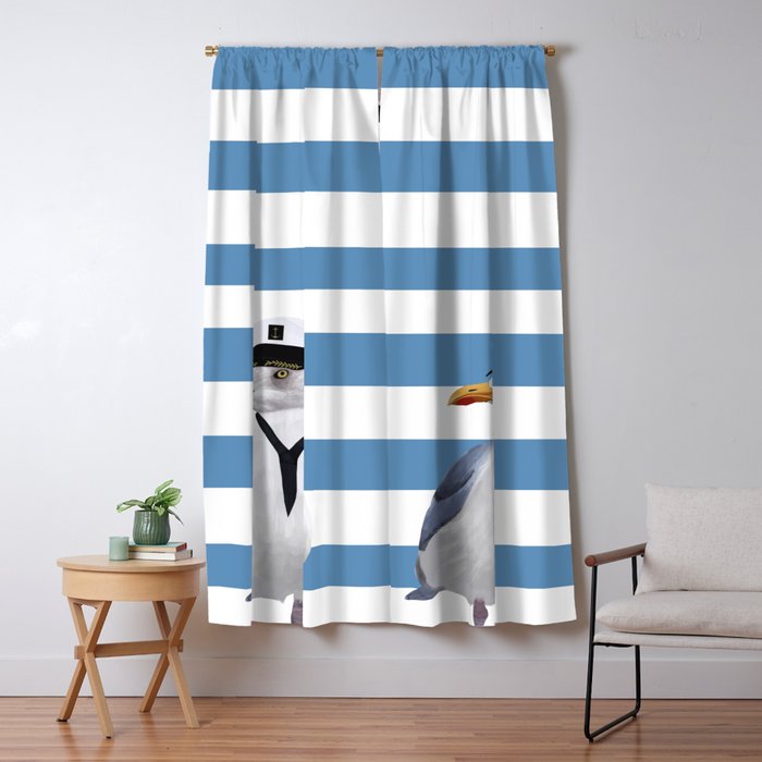 Captain Seagull on blue stripes Window Curtain Gallery Image 1