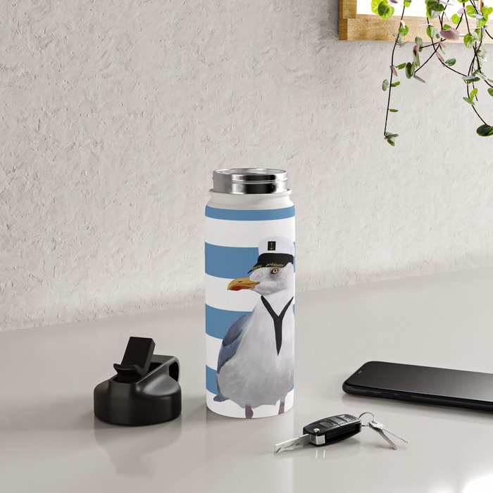 Captain Seagull on blue stripes Water Bottle Gallery Image 4