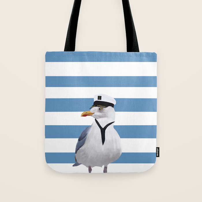 Captain Seagull on blue stripes Tote Bag Gallery Image 1