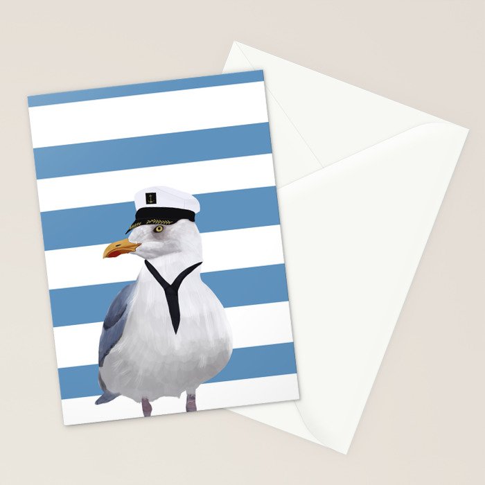 Captain Seagull on blue stripes Stationery Card Gallery Image 2