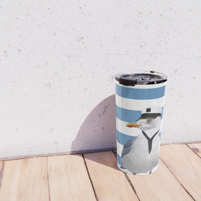Captain Seagull on blue stripes Travel Mug Gallery Image 4