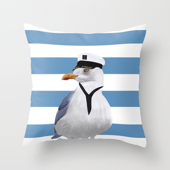 Captain Seagull on blue stripes Throw Pillow Gallery Image 1