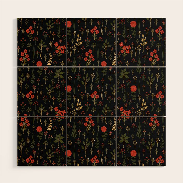 Green, Red-Orange, and Black Floral/Botanical Print Wood Wall Art Gallery Image 1