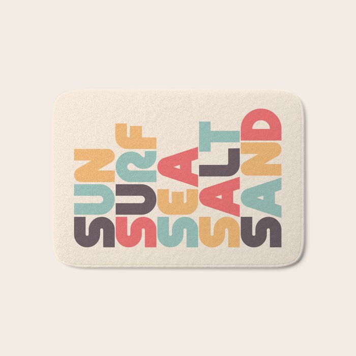 Sun Surf Sea Salt Sand Typography - Retro Rainbow Bath Mat Gallery Image 1