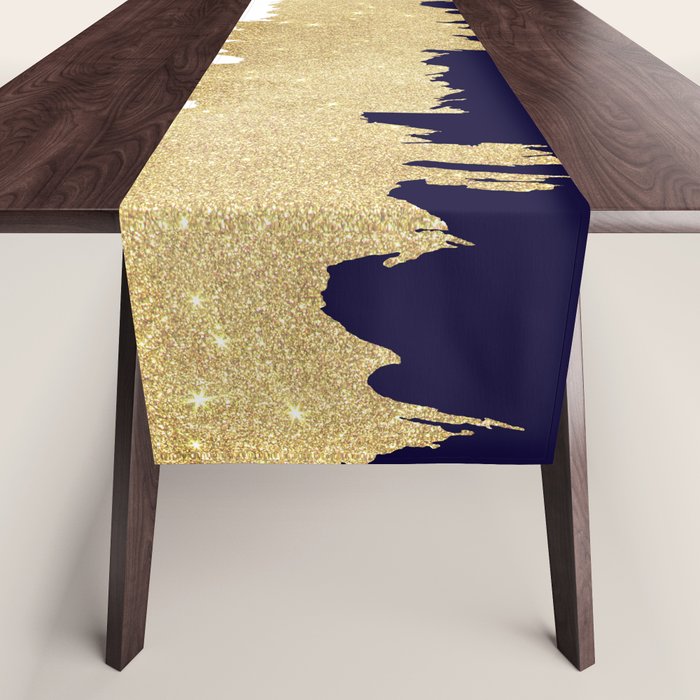 Modern navy blue white faux gold glitter brushstrokes Table Runner Gallery Image 1