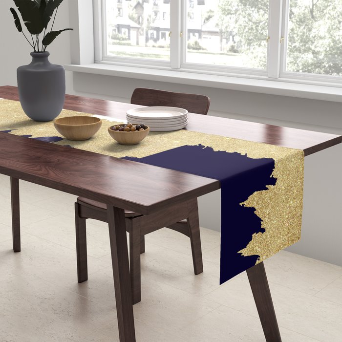 Modern navy blue white faux gold glitter brushstrokes Table Runner Gallery Image 2