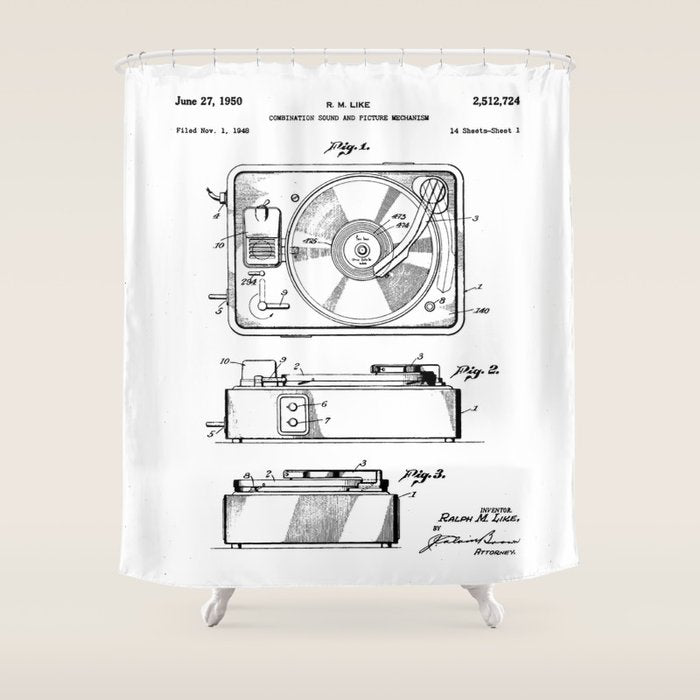 Record Player Patent - Vinyl Fan Music Lover Art - White Shower Curtain Gallery Image 1