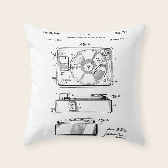 Record Player Patent - Vinyl Fan Music Lover Art - White Throw Pillow Gallery Image 6