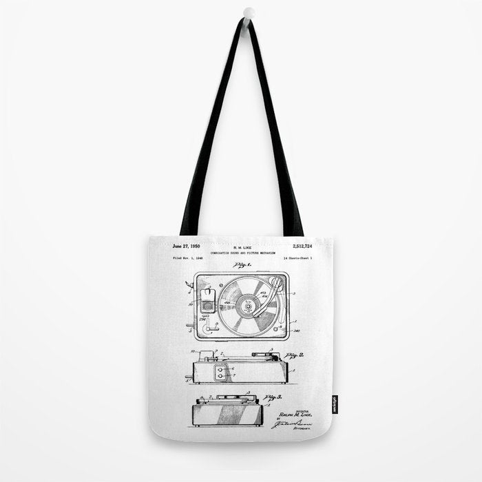 Record Player Patent - Vinyl Fan Music Lover Art - White Tote Bag Gallery Image 2