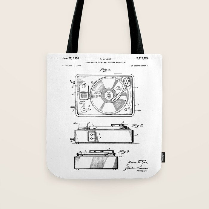 Record Player Patent - Vinyl Fan Music Lover Art - White Tote Bag Gallery Image 1