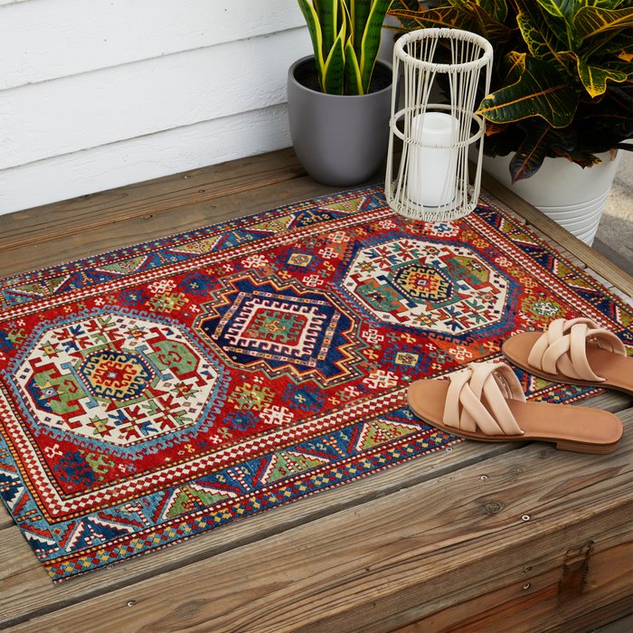 Three Medallion Kazak Southwest Caucasus Carpet Print Outdoor Rug Gallery Image 2