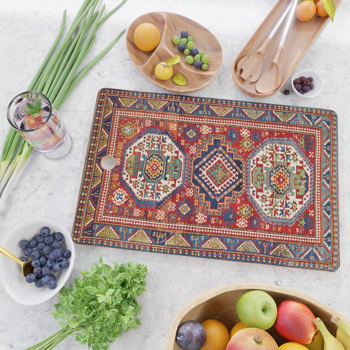 Three Medallion Kazak Southwest Caucasus Carpet Print Cutting Board Gallery Image 2