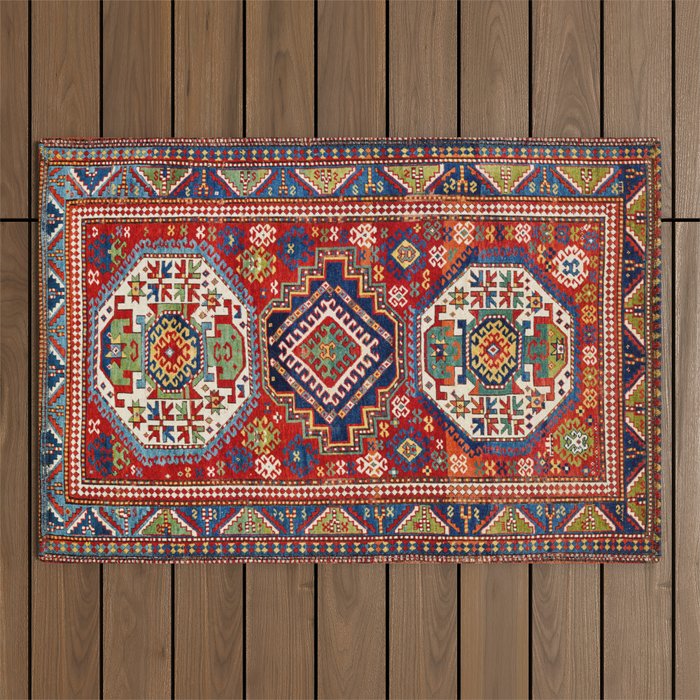 Three Medallion Kazak Southwest Caucasus Carpet Print Outdoor Rug Gallery Image 1