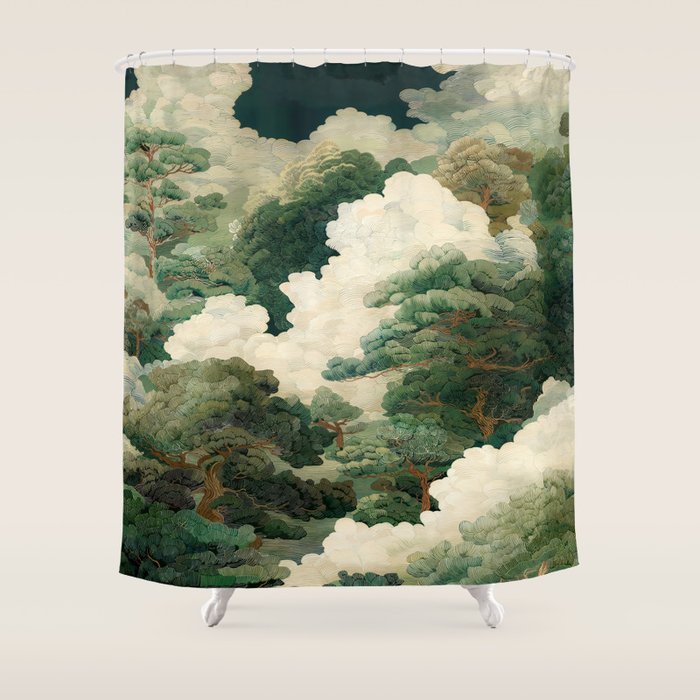 Japanese Wall Art maximalist Autumn Forest Print Botanical Japandi Fall Decor green vintage Poster Shower Curtain Gallery Image 1
