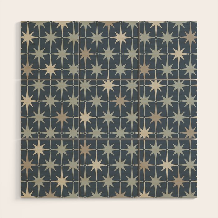 Midcentury Modern Atomic Starburst Pattern in Neutral Blue Gray Tones Wood Wall Art Gallery Image 1