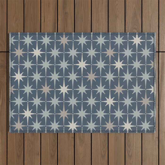 Midcentury Modern Atomic Starburst Pattern in Neutral Blue Gray Tones Outdoor Rug Gallery Image 1