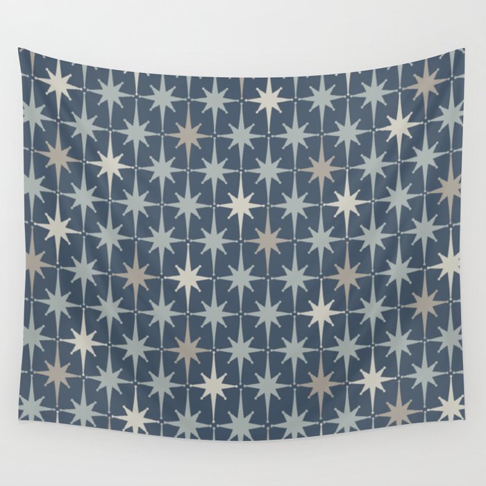 Midcentury Modern Atomic Starburst Pattern in Neutral Blue Gray Tones Wall Tapestry Gallery Image 4