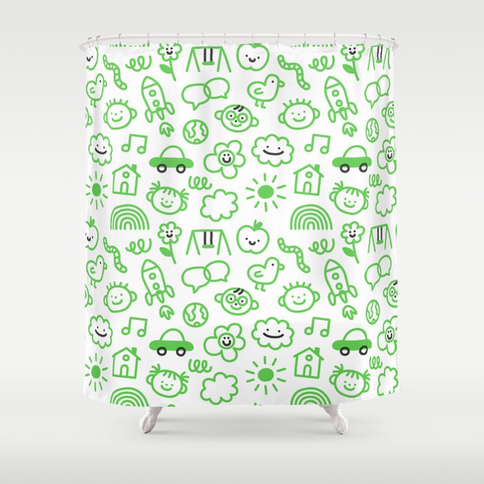 Green eco friendly children doodle pattern Shower Curtain Gallery Image 1