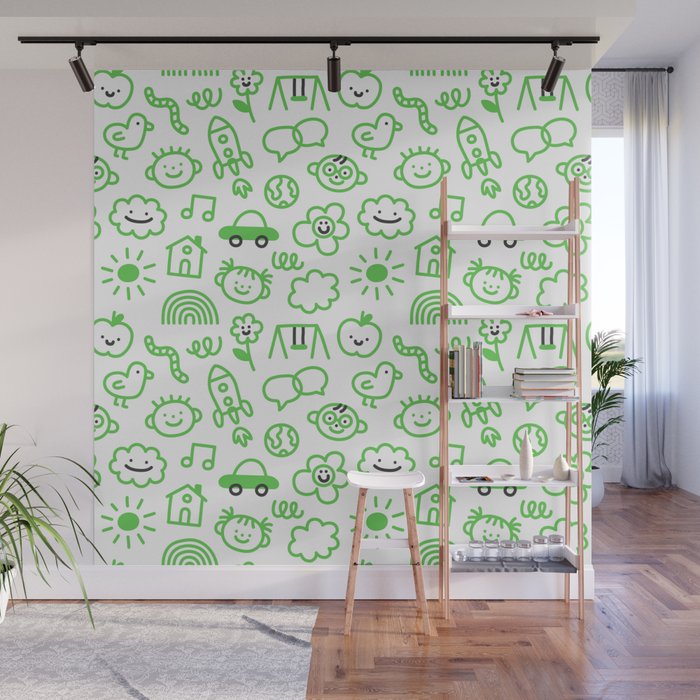 Green eco friendly children doodle pattern Wall Mural Gallery Image 1