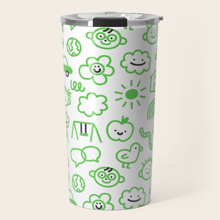 Green eco friendly children doodle pattern Travel Mug Gallery Image 1