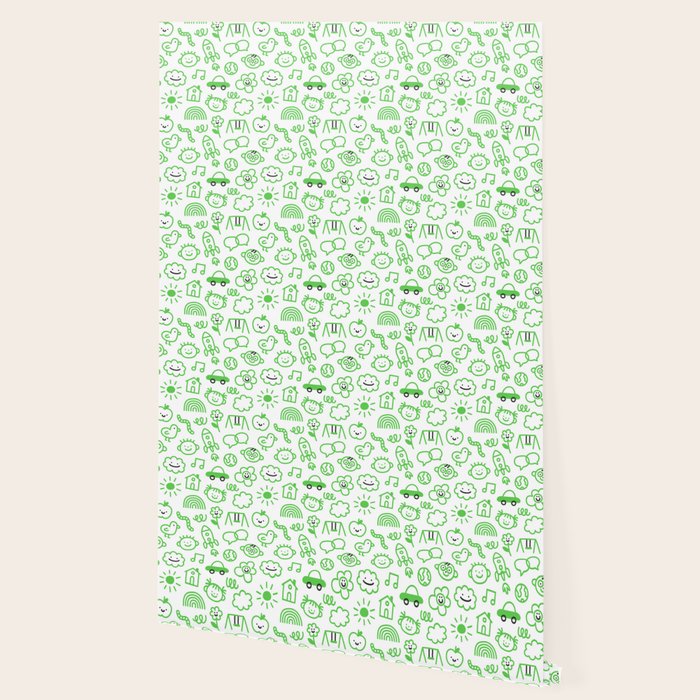 Green eco friendly children doodle pattern Wallpaper Gallery Image 2