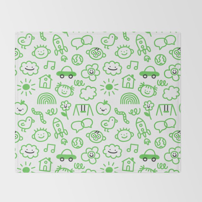 Green eco friendly children doodle pattern Throw Blanket Gallery Image 2