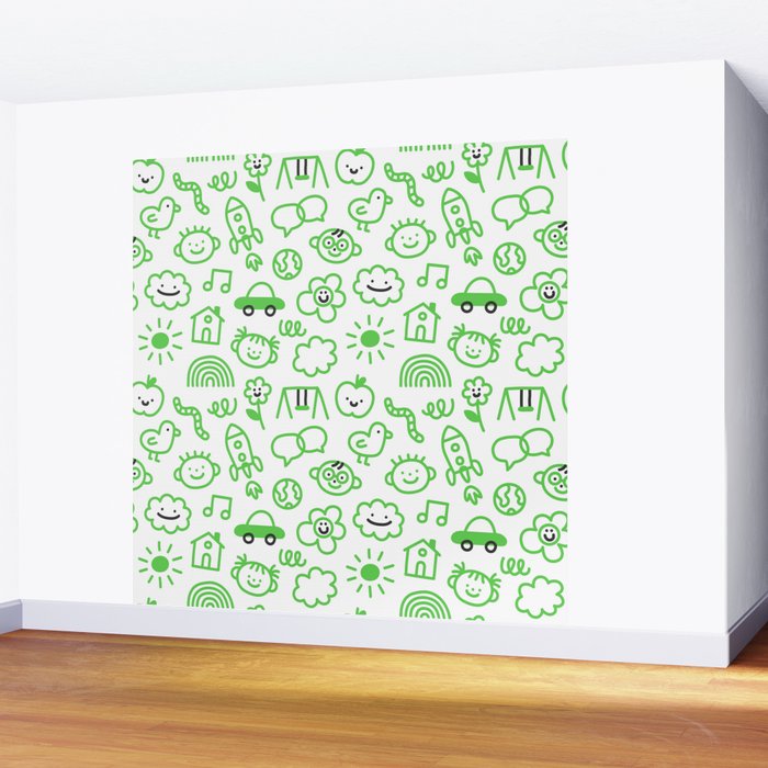Green eco friendly children doodle pattern Wall Mural Gallery Image 2