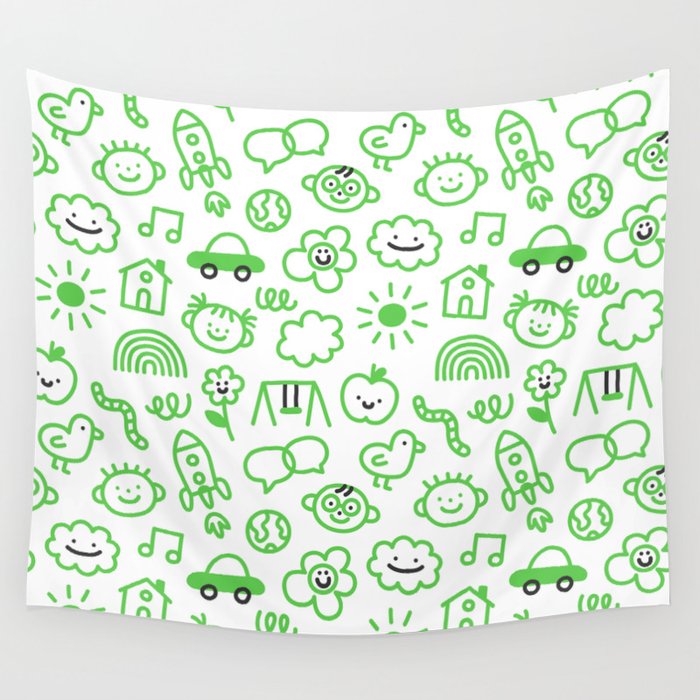 Green eco friendly children doodle pattern Wall Tapestry Gallery Image 4