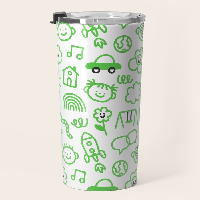 Green eco friendly children doodle pattern Travel Mug Gallery Image 3