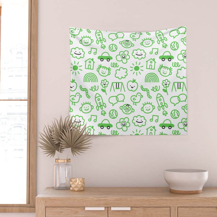 Green eco friendly children doodle pattern Wall Tapestry Gallery Image 2